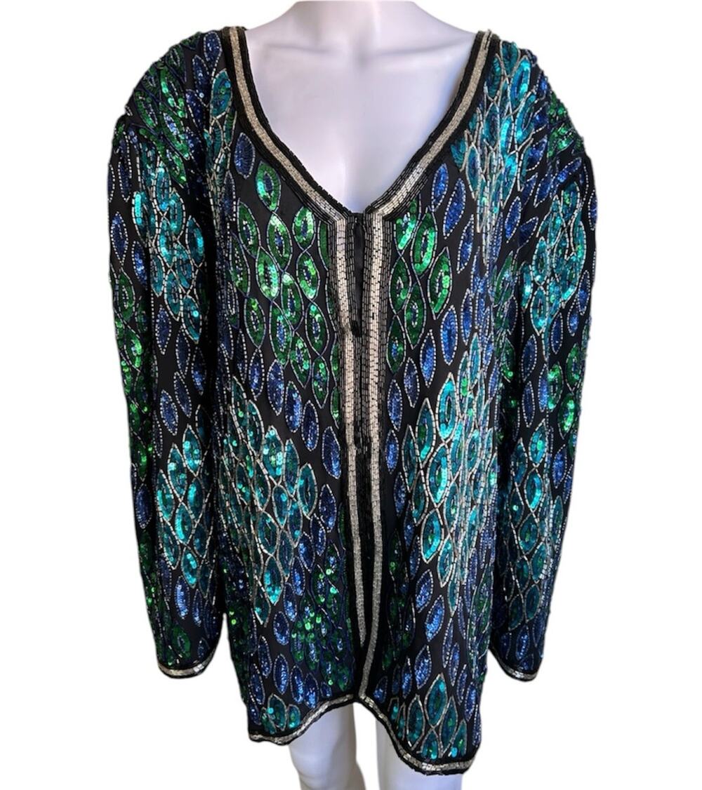 Vintage Krishma 2X Peacock Beaded Sequin Silk Evening Jacket Blue Green India